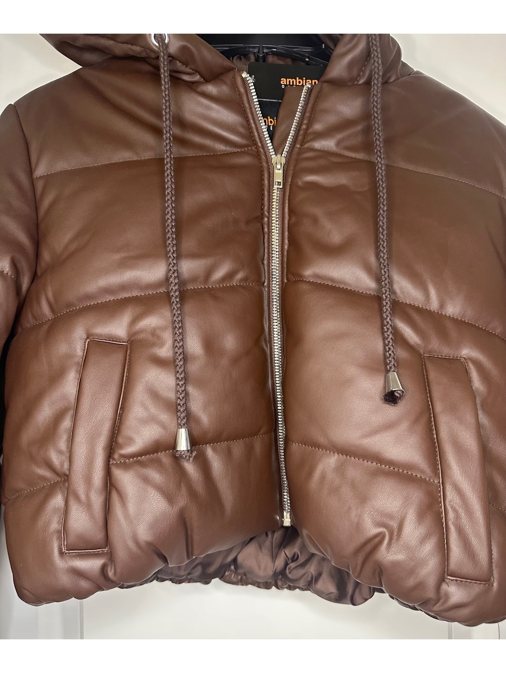 NWT Ambiance Outerwear Women's Brown Faux Leather Puffer Jacket with Hood Size S